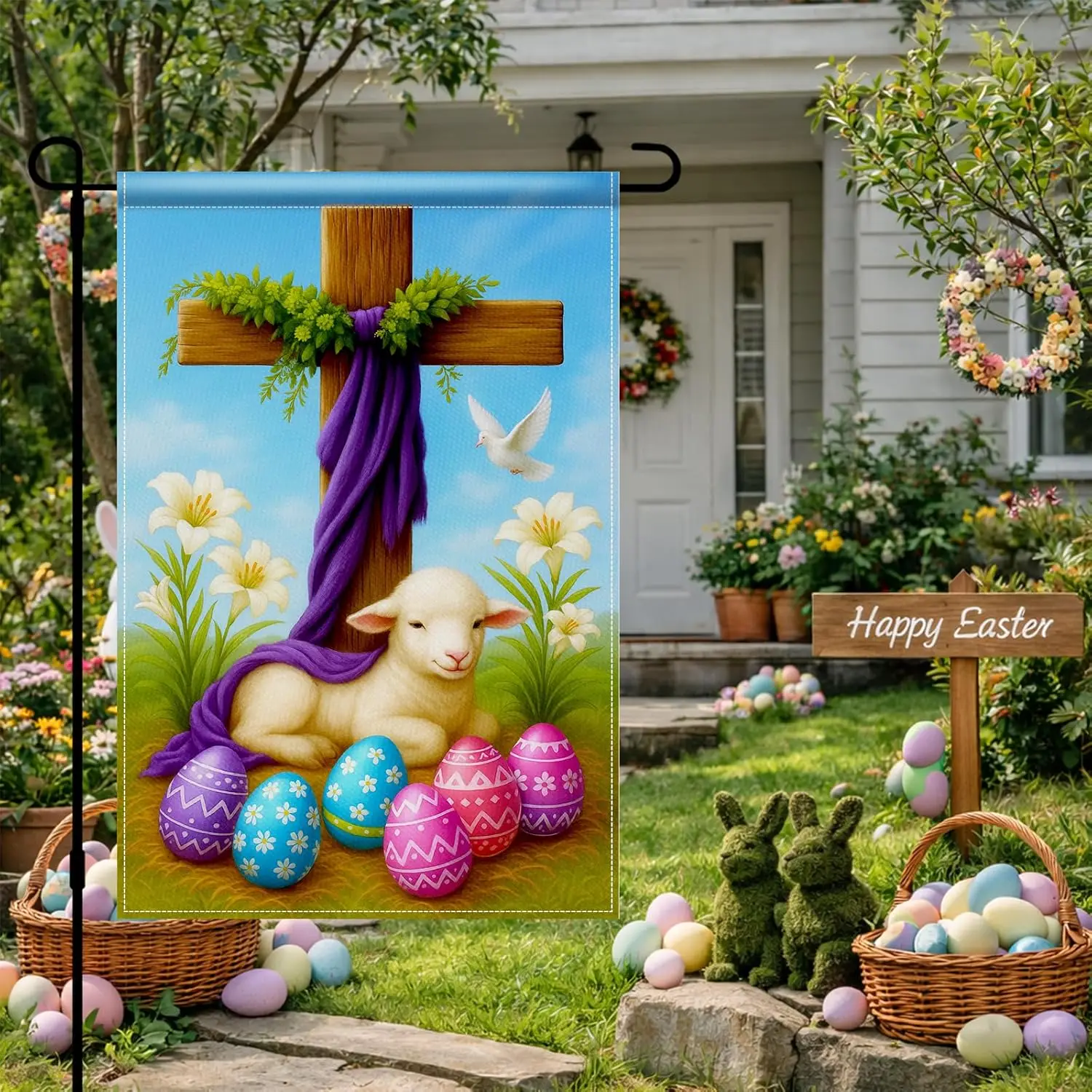 BlissYard Easter Lamb Yard Flag 12x18 Inch Double Sided Cross Lamb Eggs Dove Burlap Garden Flag Rustic Farmhouse Outdoor Ban AAS
