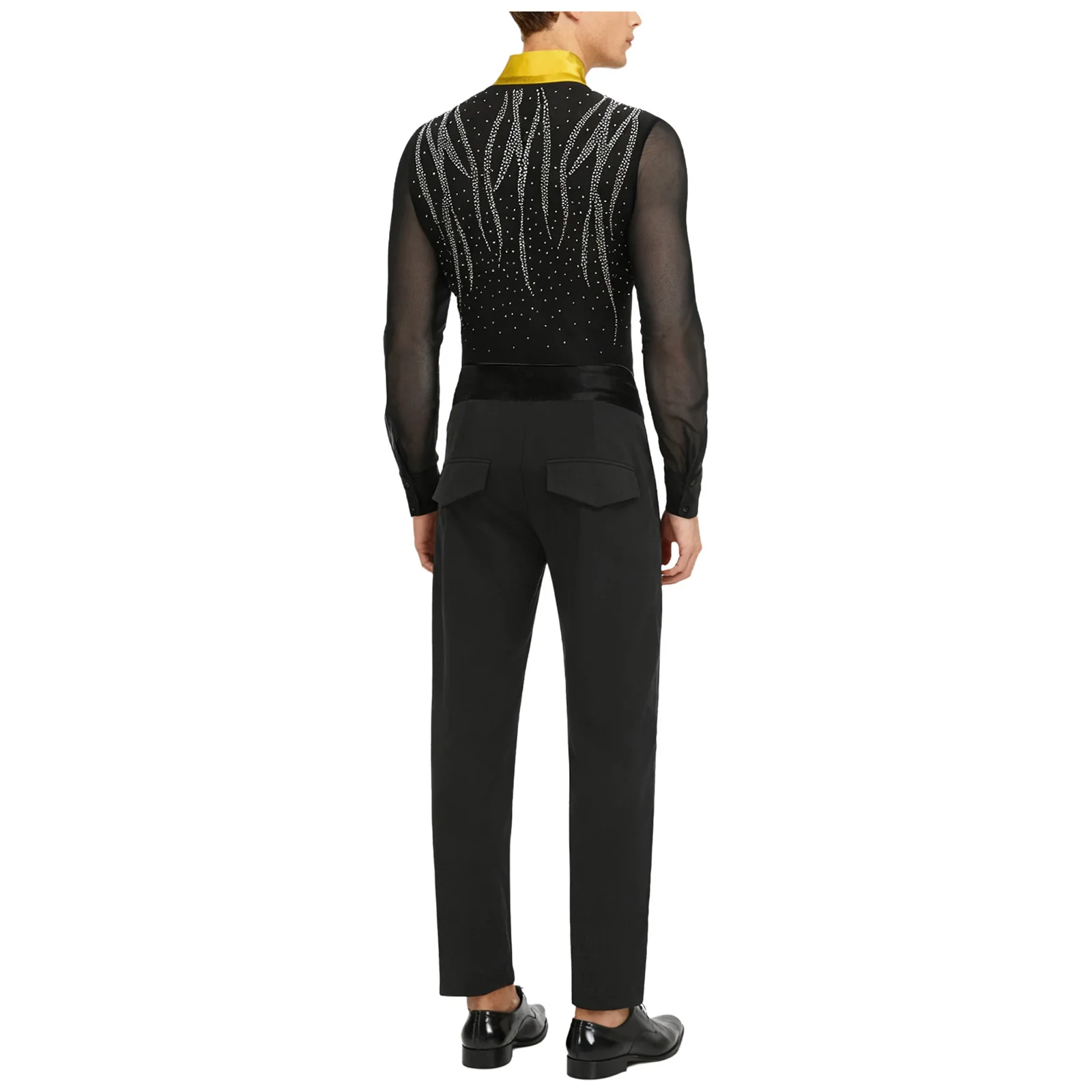 

Мужской танцевальный костюм для сальсы, латинского танго, прозрачная сетка со стразами, трико для чачи, боди с глубоким v-образным вырезом, длинные брюки, костюм для балета и танца