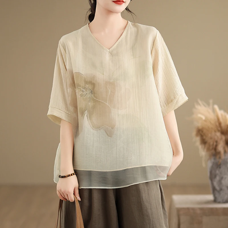 

QOERLIN Summer V-Neck Short Sleeve Shirts Women 2025 New Loose Casual Tops Blouse Female