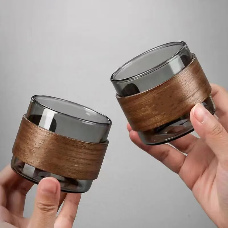 Juego de tazas de té de vidrio resistente al calor, con soporte de madera a prueba de quemaduras, taza maestra de té Kungfu transparente, taza de café expreso para el hogar, 1 Uds.