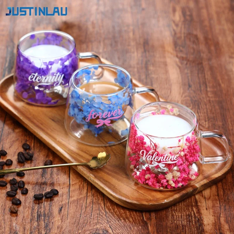 JUSTINLAU Doppelwandiger Glastasse im INS-Stil, Blumen, Paar, Wasserbecher für Valentinstagsgeschenke, Zuhause, hitzebeständig, Kaffee- und Milchbecher