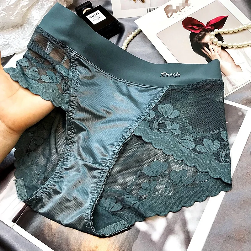 Women Luxury Satin panties Tummly control summer Sexy Lace briefs High waist Plus size Cotton crotch Breathable Underpants Linge