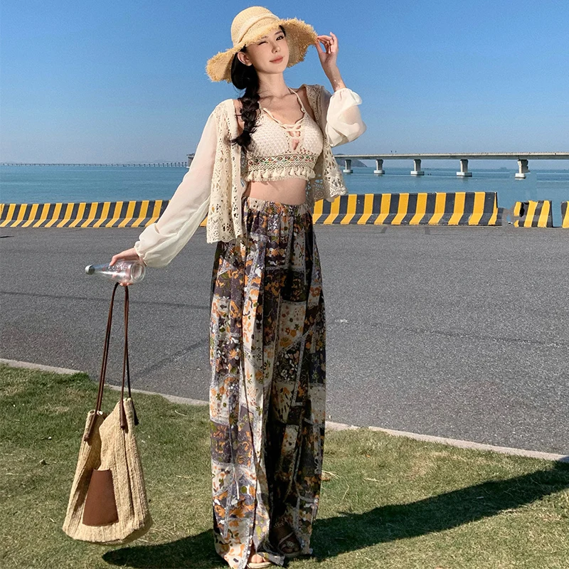 Conjunto de calças largas para praia, proteção solar, ajuste solto, calças compridas, cintura elástica, fibra de poliéster, calças casuais