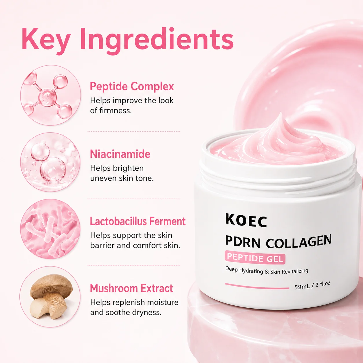 KOEC Salmon Collagen Jelly Peptide Cream With Niacinamide & Peptide Complex - Lightweight PDRN Moisturizer For Face For Brightening, Uneven Skin Tone, Firming & Skin Barrier Support - 59ml/2fl.oz