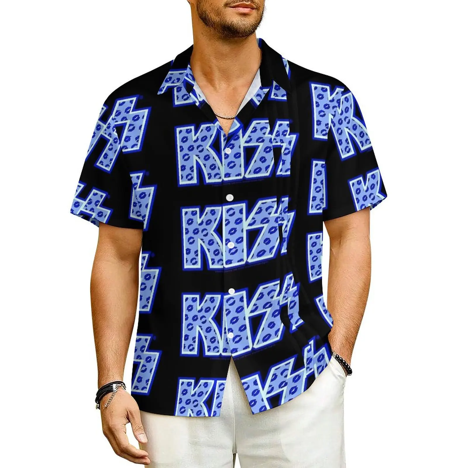 

Hawaiian Shirt Beach Kiss Band Blouses Blue Lips Logo Novelty Casual Shirts Men Short Sleeve Streetwear Oversize Clothes