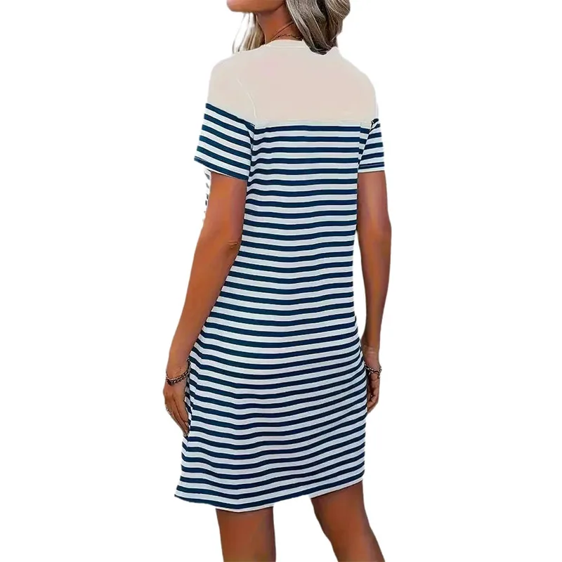 2025 women's summer dress casual women's round neck black and white striped short sleeved color blocked T-shirt