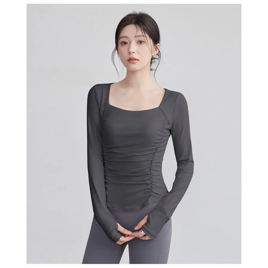 여성을위한 스퀘어 칼라 플리츠 요가 의류 새로운 전문 필라테스 러닝 트레이닝 사이클링 스포츠 탑 피트니스 긴 소매 썸네일 2