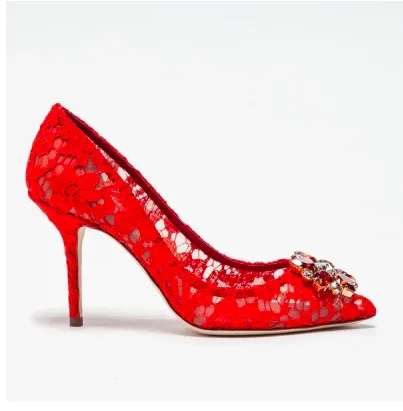 Rhinestone Bling Bling Women Pumps Pointed Toe Stiletto Heel Lace Mesh Cloth Sexy 6Cm/9.5Cm High Heel Crstal Shiny Wedding Shoes