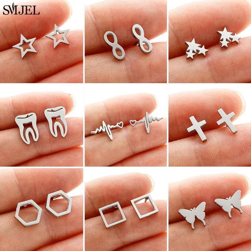 Edelstahl Mini-Ohrstecker Geometrisch für Männer und Frauen Punk Stern Kreuz Zähne Herzschlag Ohrringe Modeschmuck Ohrpiercing Geschenk