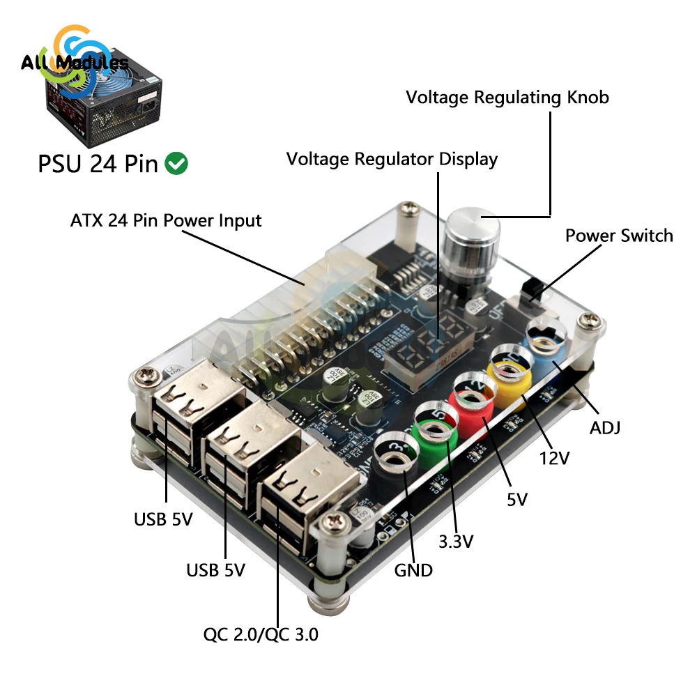 24Pin ATX zasilacz tabliczka zaciskowa moduł zasilania złącze adaptera pokrętło regulowane napięcie 6 Port USB 2.0 obsługuje QC2.0 QC3.0