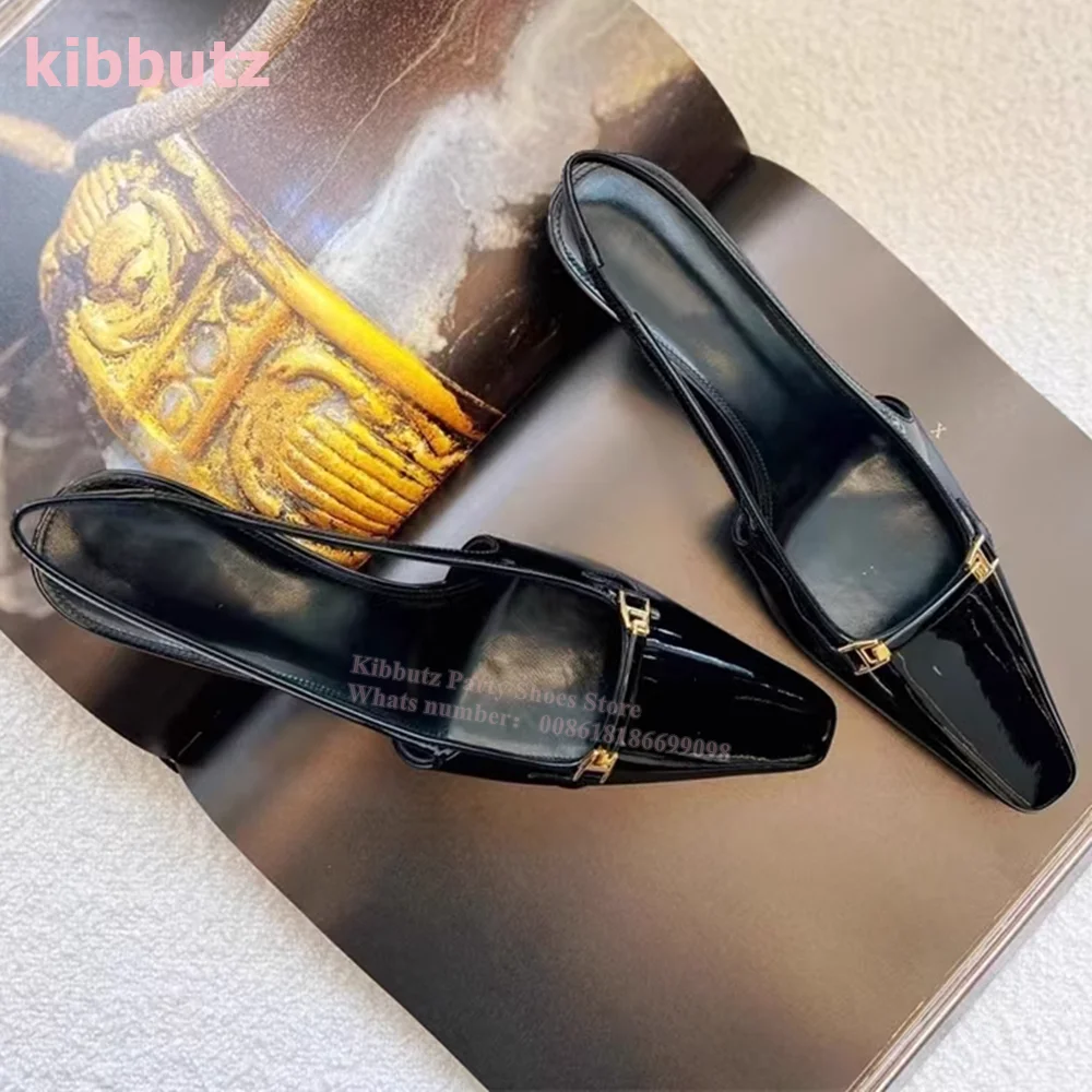 Metal Patent Leather Pumps Square Toe Thin Heel Solid Black Slip-On Shallow Fashion Elegant Sexy Women Sandals Shoes 2023 Newest image 3