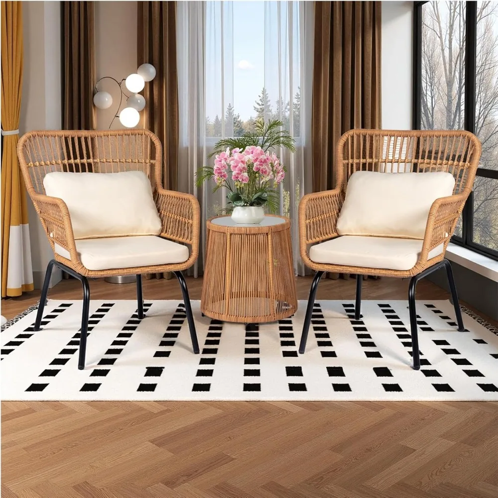 

3 Piece Outdoor Wicker Bistro Set, Patio Conversation Sets w/2 Large Rattan Chairs and Tempered Glass Table, Patio Furniture