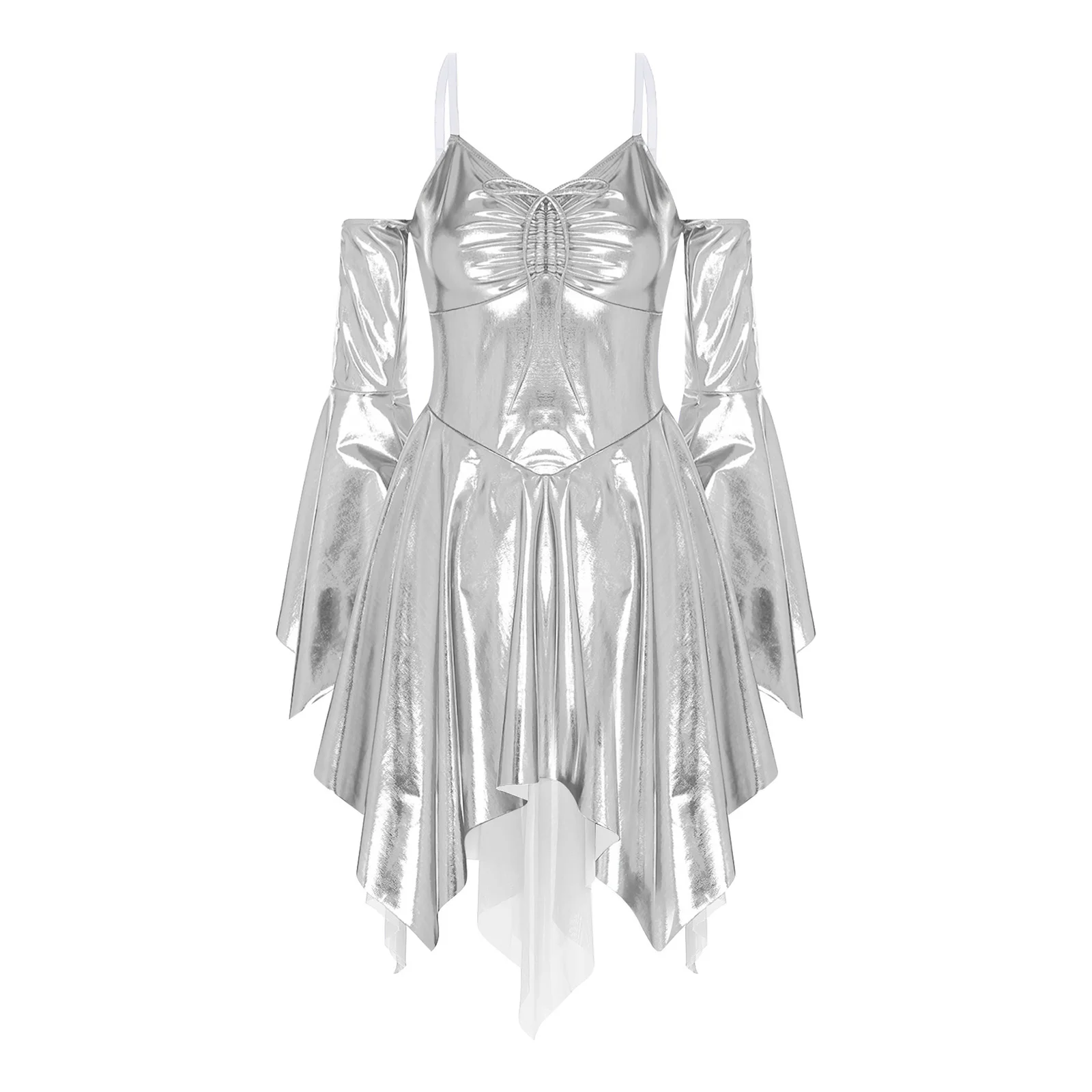 Vestido metálico a la moda para mujer, vestido camisola con hombros descubiertos y manga larga con puños acampanados y cordón en el pecho para fiesta, Raves y club nocturno