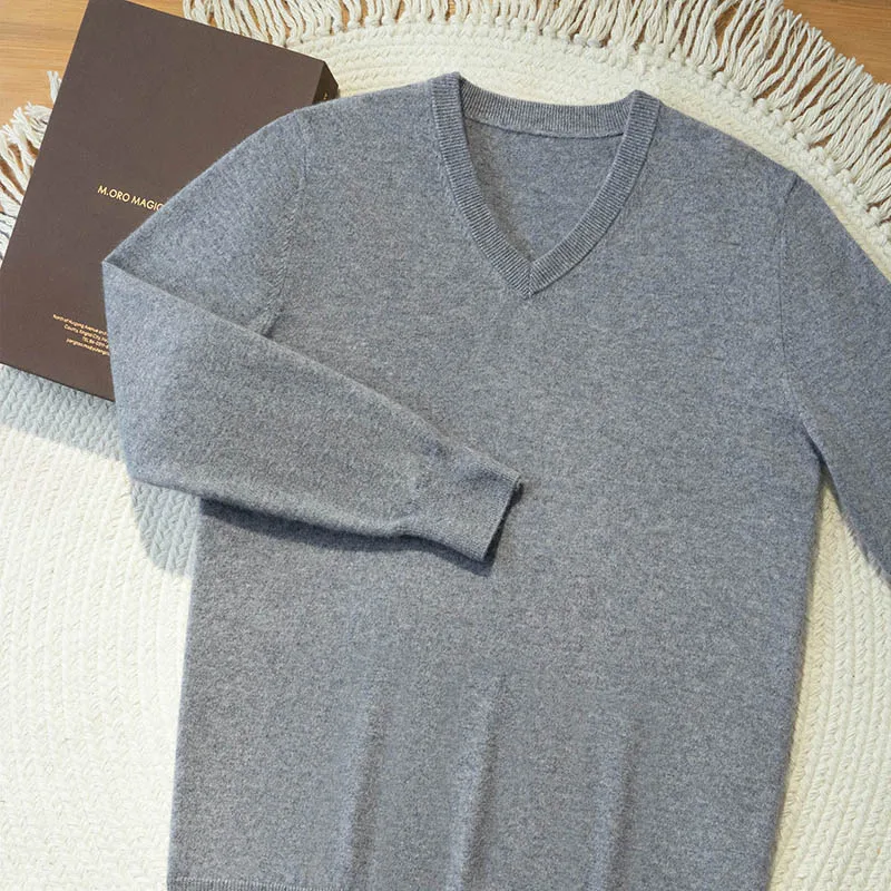 High Quanlity Men's 100% Goat Cashmere Sweater Autumn Winter V-Neck Long Sleeve Pullover Smart Casual Warm Cashmere Knitwear
