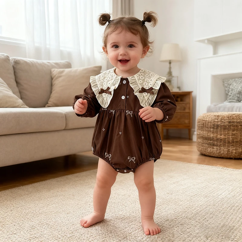 

2026 New Spring 0-24M Baby Girl Party Bow Romper Long Sleeved Cotton Embroidery Baby Romper Kid Princess Children Clothes