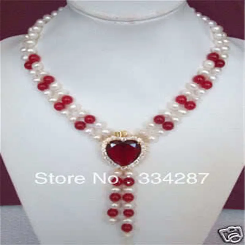 

NEW Natural 6-7MM freshwater White Pearl & Red Heart Quartzite stoneNecklace 18inches