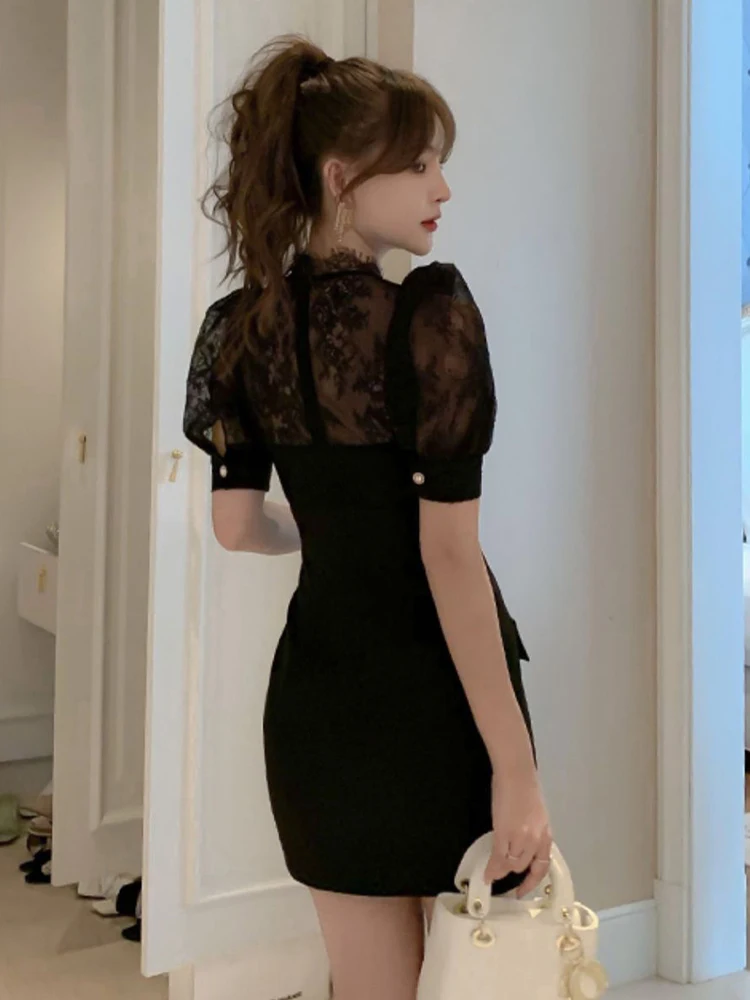 New Arrival Fashion Bodycon Night Club Party Dress Women Elegant Summer Sexy Perspective Lace Temperament OL Black Mini Dress