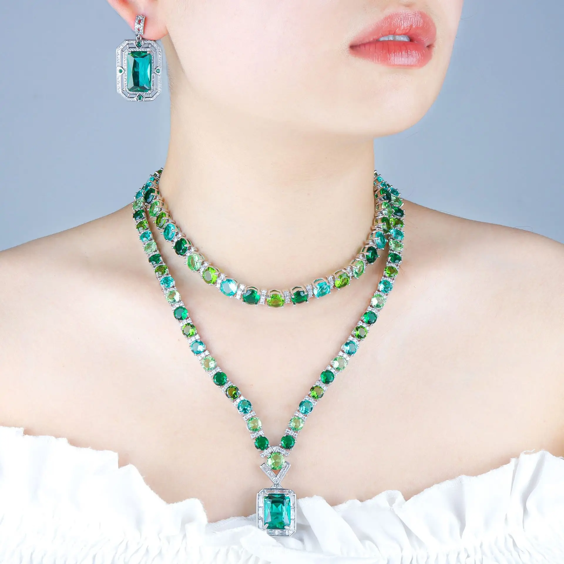 

New Fashion Luxury Green Zircon Necklace Earring Two-Piece Set Dress Banquet Accessories Woman Jewelry Set High-Quality