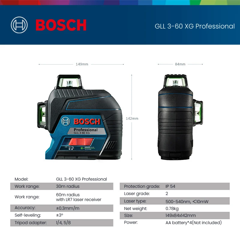 Bosch GLL3-60XG 3D 12 Lines Laser Level Green Beam Horizontal Vertical Cross Line IP54 Self-Leveling Powerful Green Laser Level