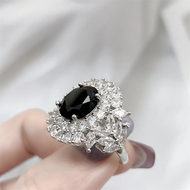 Sterling silver vintage-style high-end colored gemstone black zircon ring for women, open-end index finger ring, fashionable