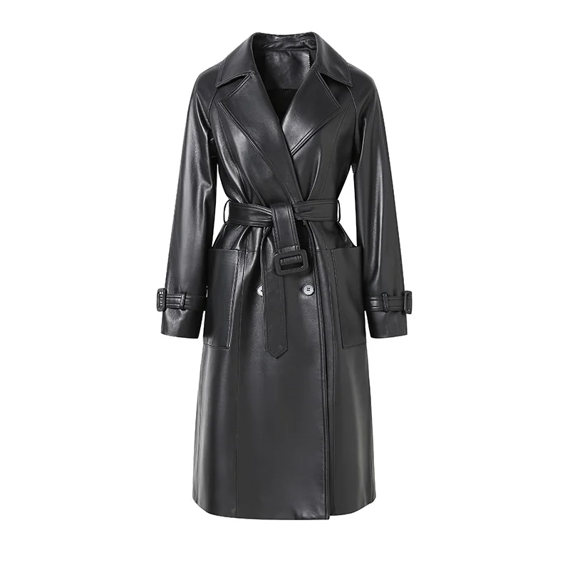 

2023 Women's Genuine Sheepskin Leather Coat Fashion Belted Trench Coat Autumn Spring Real Leather Jacket FG5151