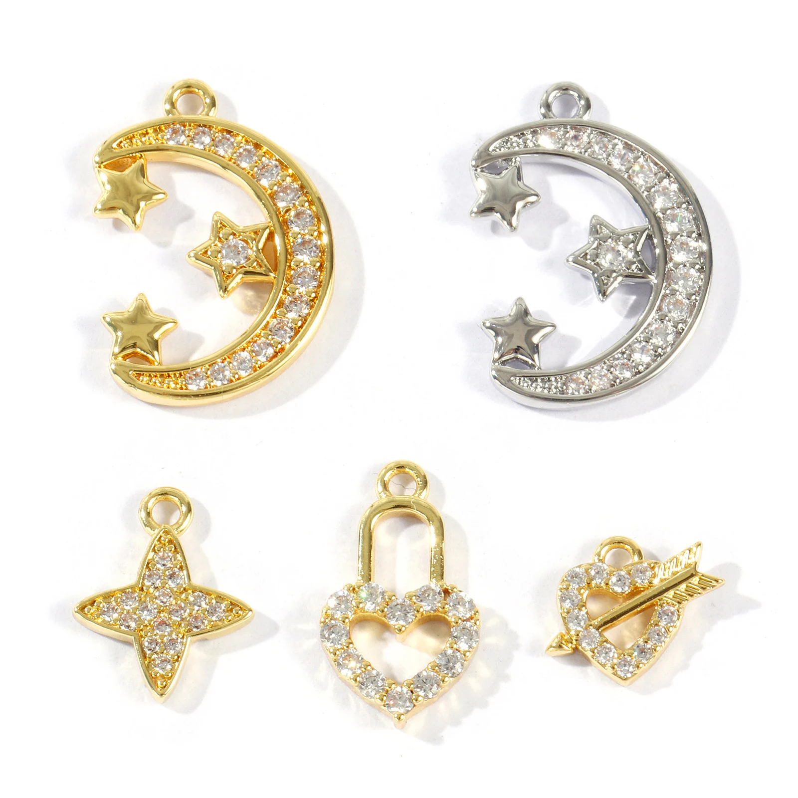 2pcs Mini Brass Charms Multicolor Micro Pave Clear Cubic Zirconia Star Heart Lock Pendants For Women DIY Necklace Jewelry Gifts
