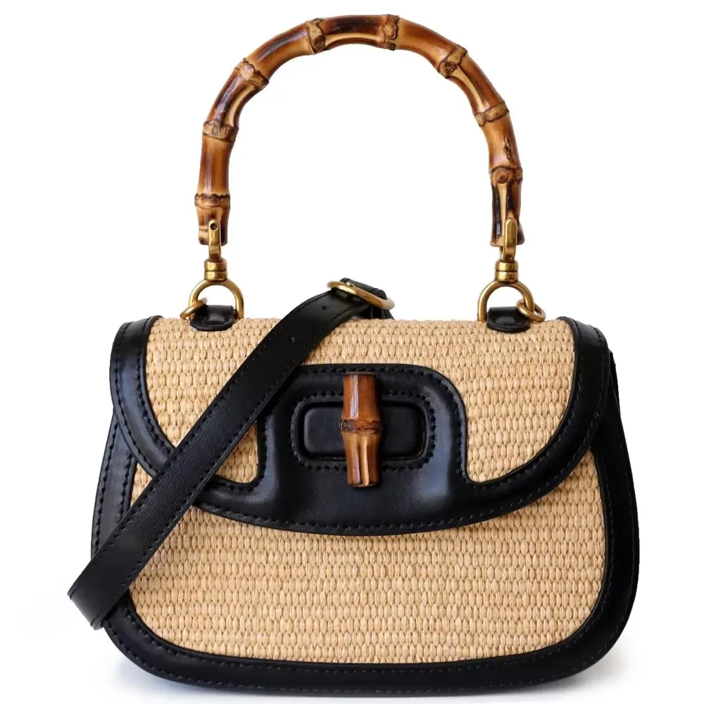 

Ladies Genuine Leather Handbags Designer Luxury Bag with Natural Bamboo Handle Brandy High-Quality Fashion Accessory for Women