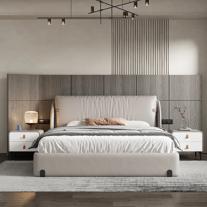 

Italian minimalist Nordic master bedroom double 1.8 meters bed first layer cowhide simple storage light luxury leather