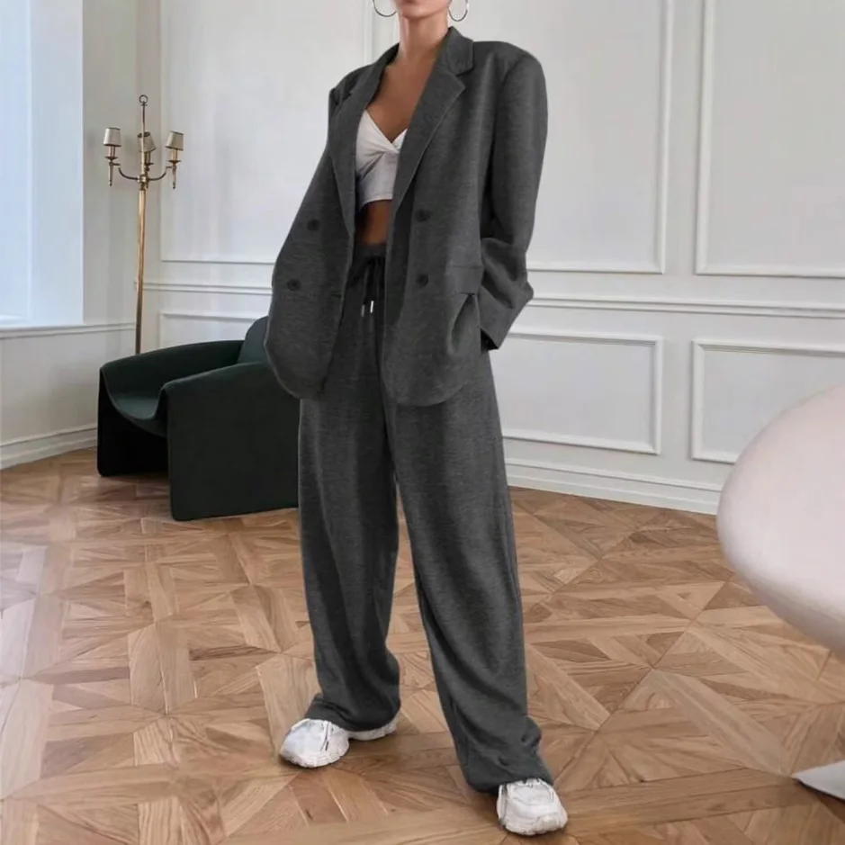 Conjunto Casual F E Primavera Outono com Cardigan Aberto de Gola Reversa e Calças Elásticas Largas Estilo Ocide...