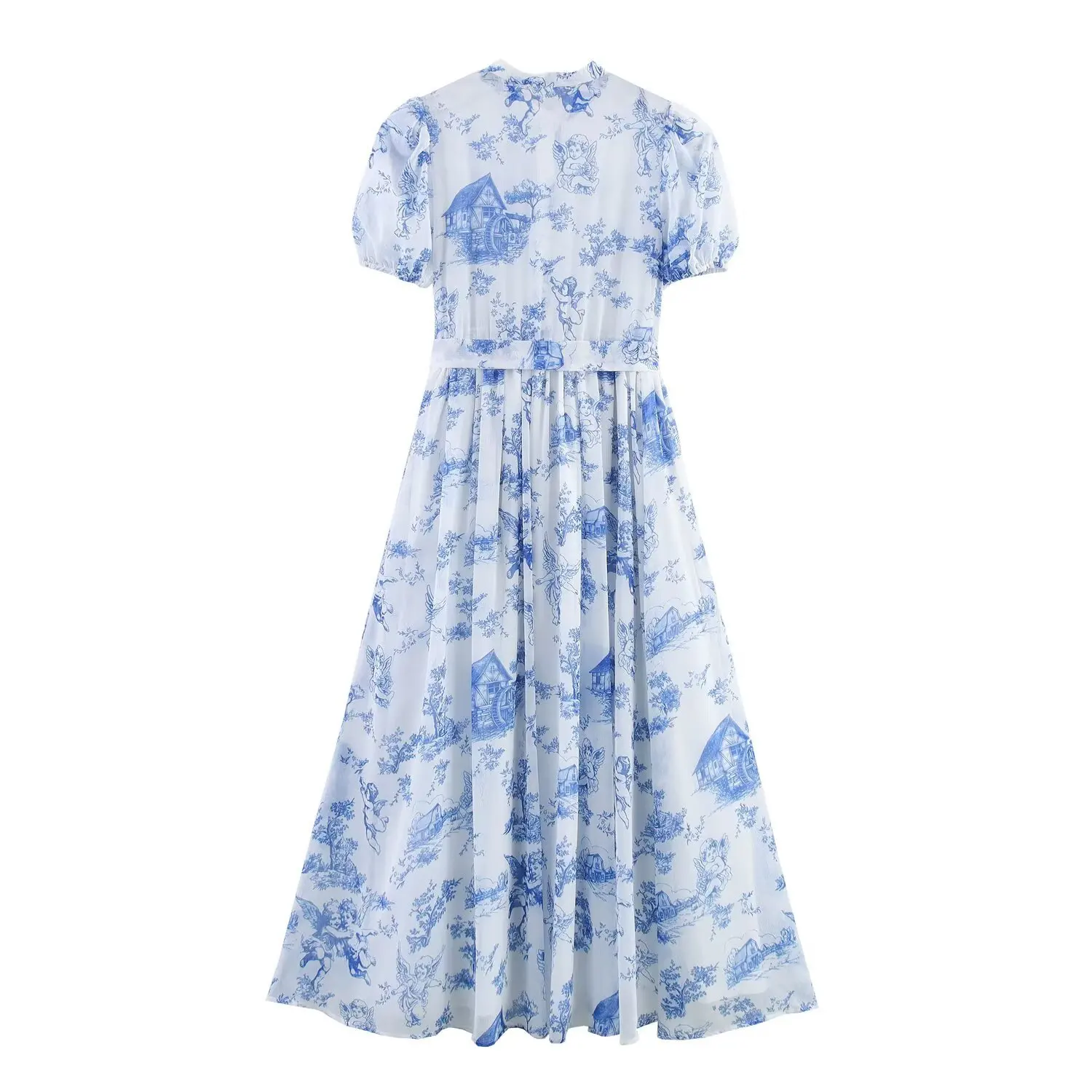 2025 verão feminino novo estilo boêmio azul impresso cinto casual midi vestido feminino único em camadas plissado vestido longo