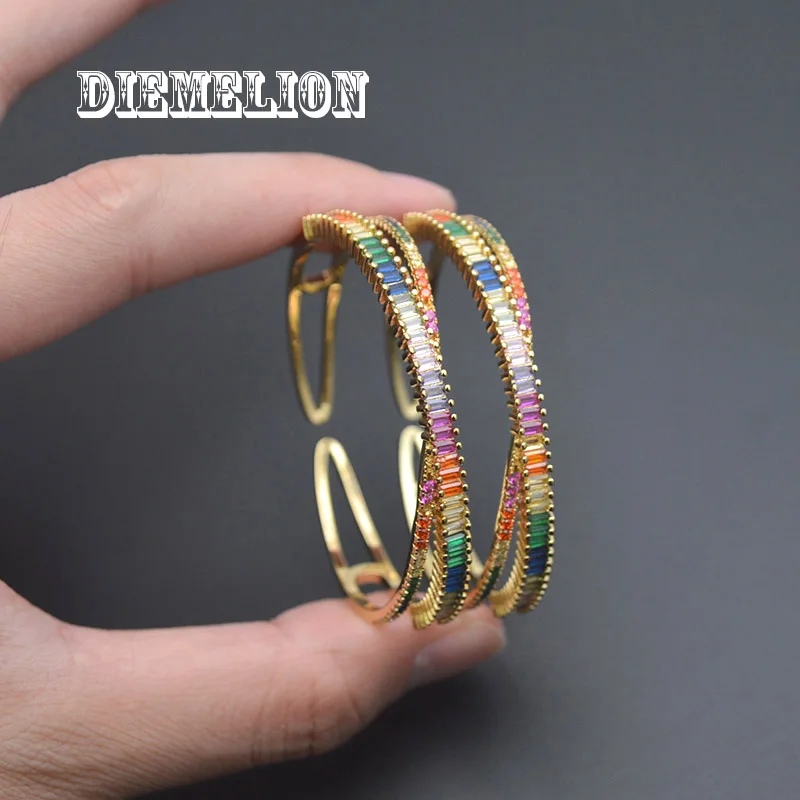 Elegant Baguette Zircon X Cross Shape Adjustable Open Bracelet Gold Plated Rainbow CZ Cuff Bangles for Women Wedding Jewelry