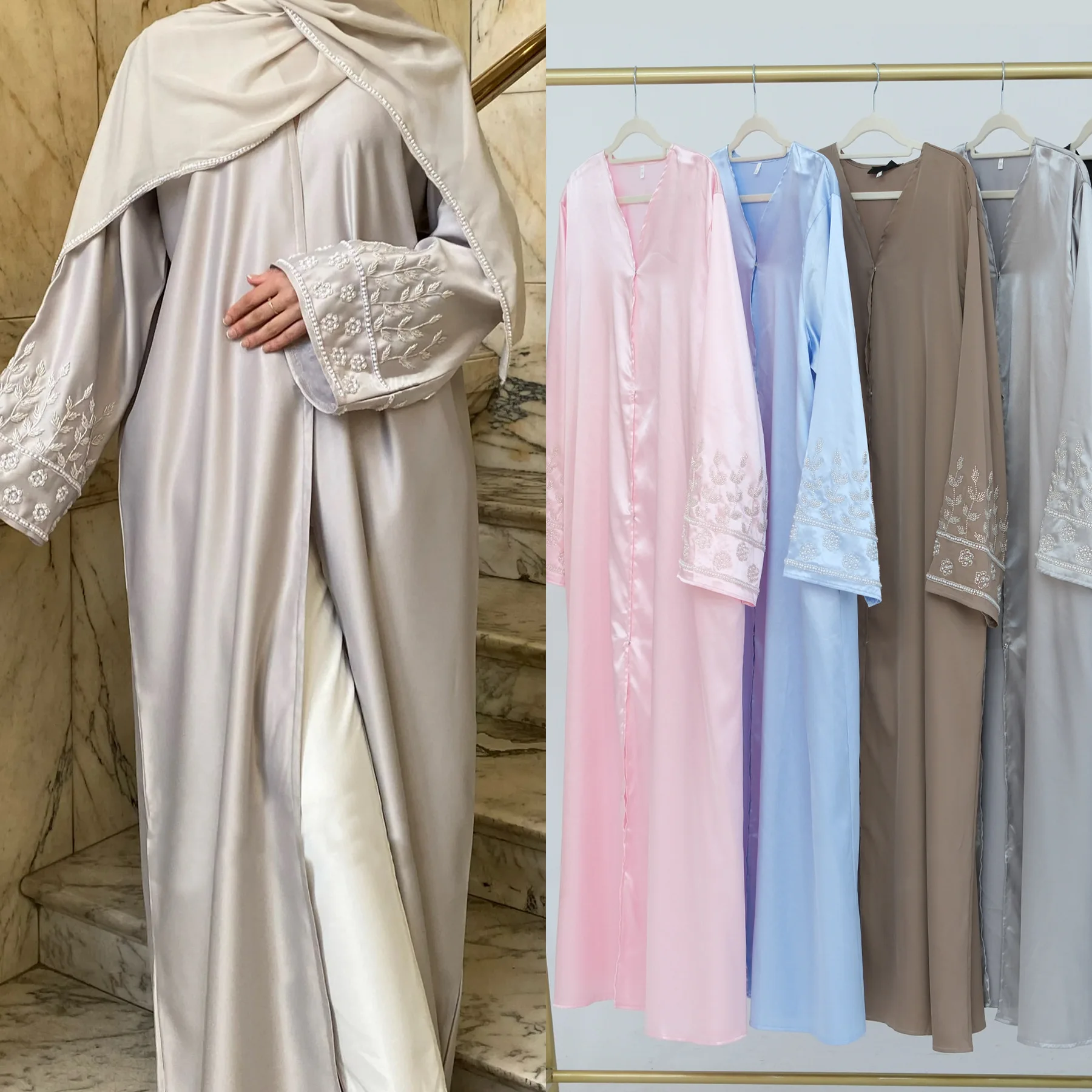 Ramadan Dubai Beads Open Kimono Abayas Women Muslim Satin Dress Dubai Kaftan Robe Islam Clothing Cardigan Jalabiya Arab Caftan