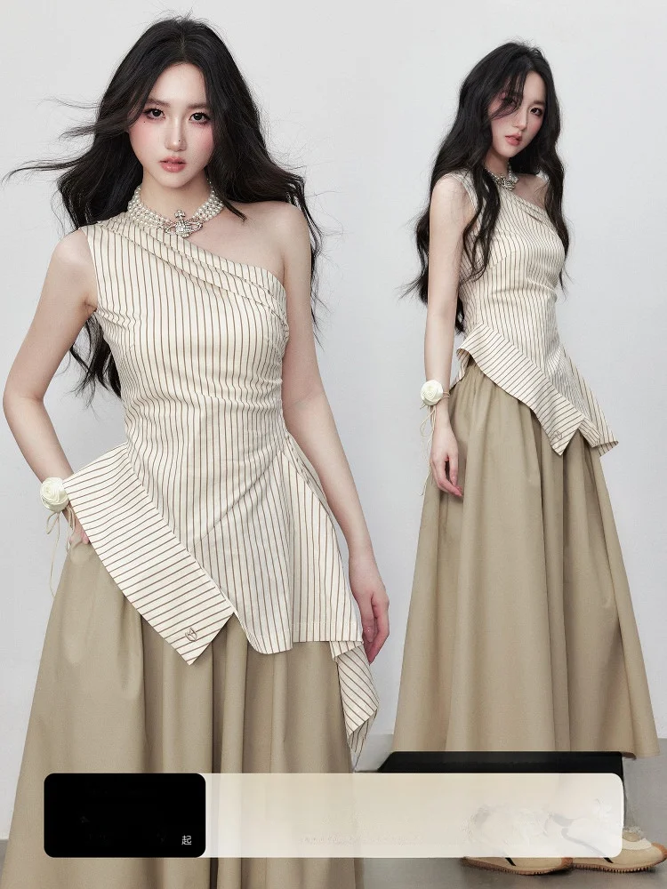 

Yuzhi Ele Striped oulder Bared T-irt Asymmetrical Hem Design Summer New Sle High Quali Side oulder T-irt