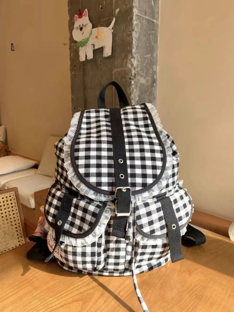 

BOMO Checkered Print Backpacks for Ladies Fashion Lace High Capacity Lightweight Womens Backpack Korean Style Casual Female Bag