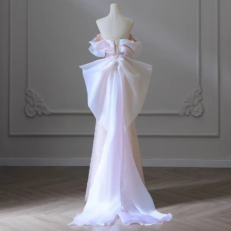 High-end Off-shoulder Strapless Elegant Train Dress for Coming-of-age Ceremony, Wedding, Birthday, Prom, Graduation Ceremony