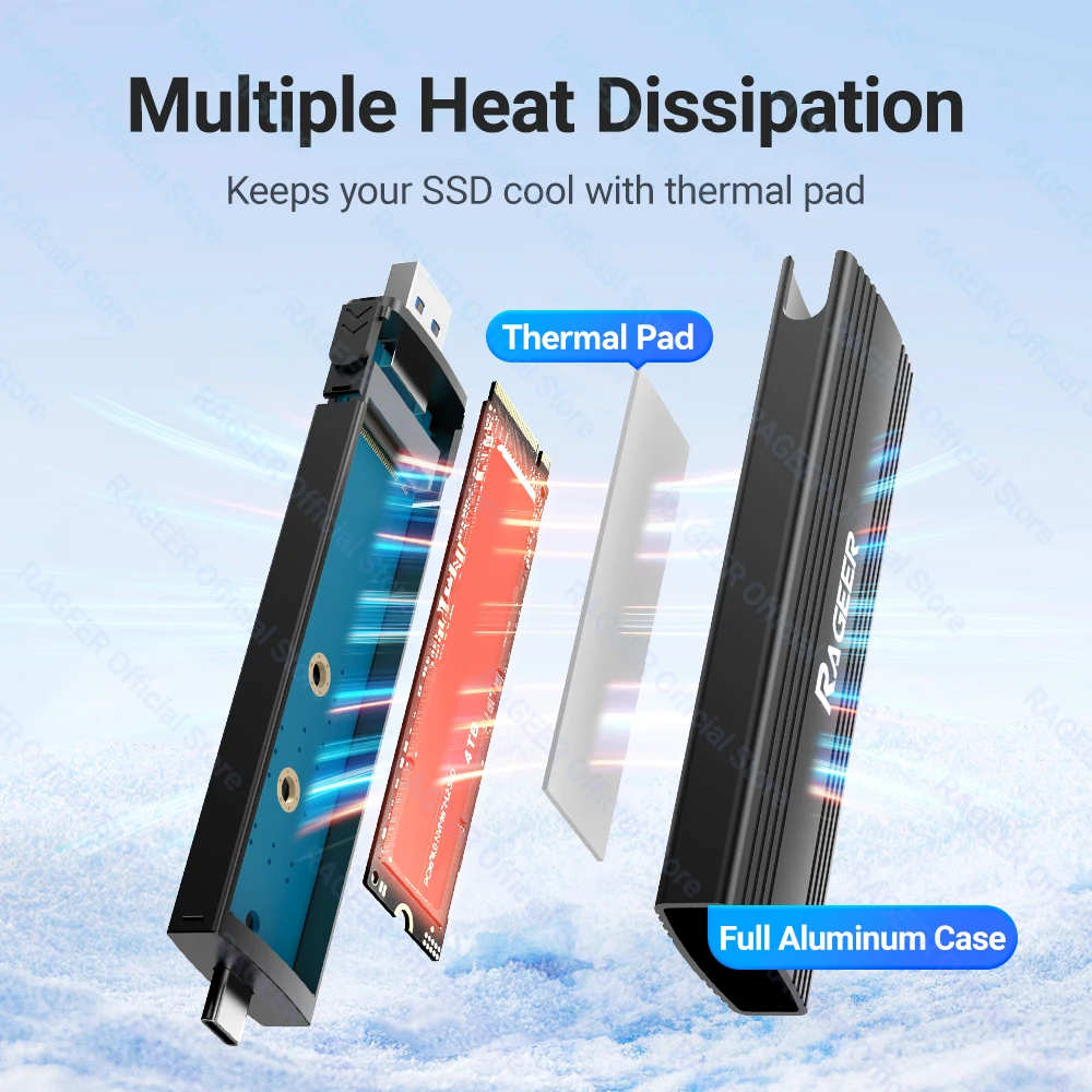 RAGEER 10Gbps M.2 SSD Enclosure - Mendukung NVMe/SATA 2230-2280 Chip RTL9210B Mendukung SSD 2TB Maks Mendukung USB-A+USB-C