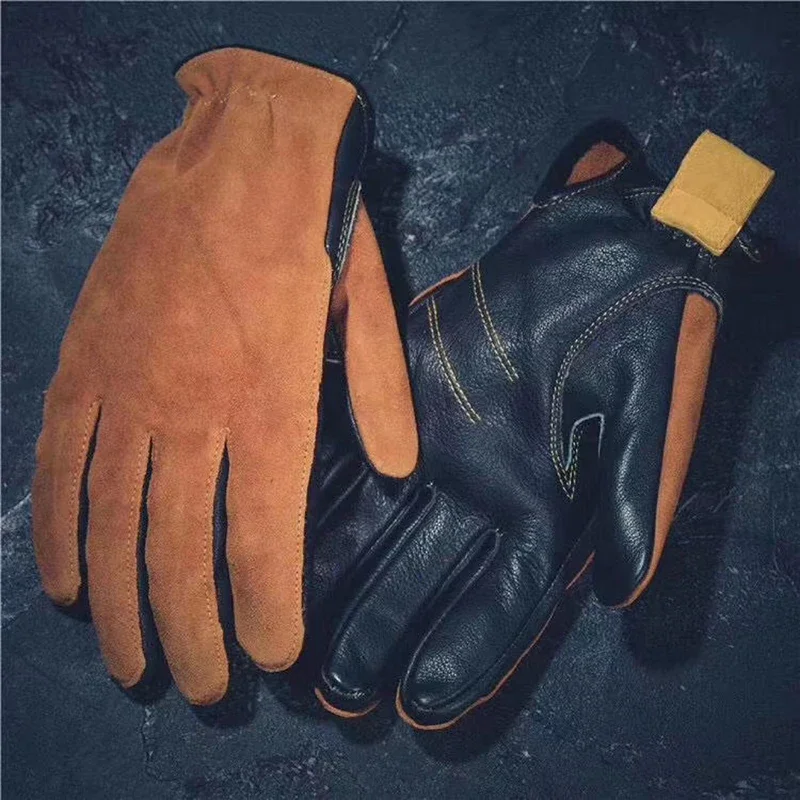 Top Quality New Men Genuine Cowhide Wear Resistant Leather Gloves Men Women Driving Windproof Motorcycle Gloves Winter Mittens