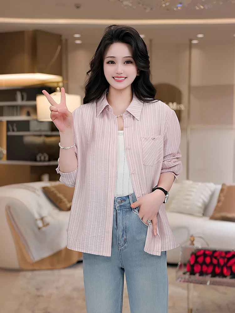 

Loose Long Sleeve Women's Pink Striped Shirt Casual Style Spring Fashion Outerwear Comfortable Breathable Polyester Fiber
