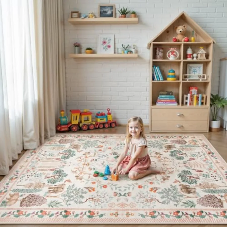 

Nursery Rug Girl Soft Washable Rugs 5x7 Floral Non Slip Low Pile Beige Rugs for Living Room Bedroom Large Throw Carpet for Farm