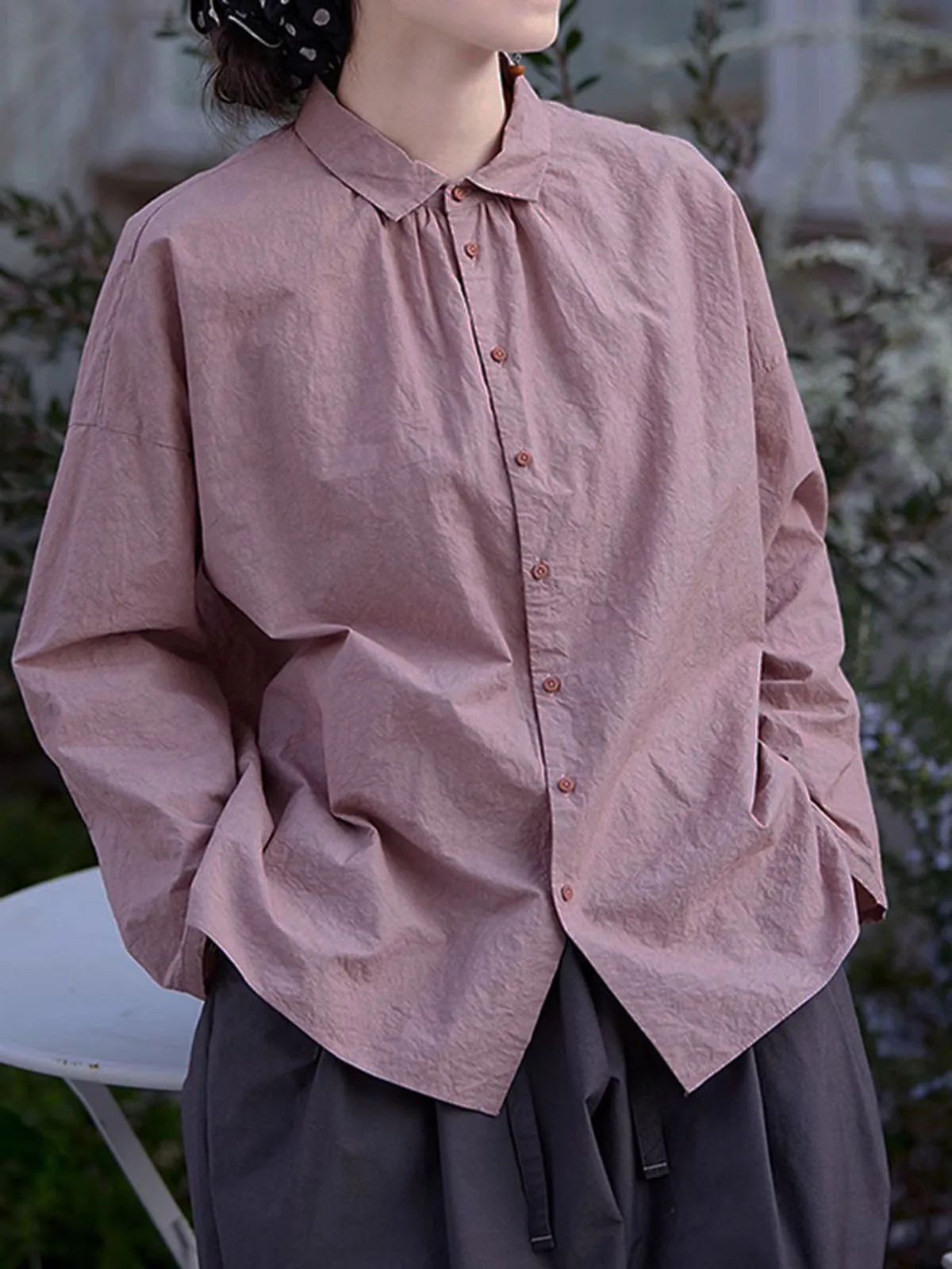 Retro Artistiek Katoen Single-Breasted Shirt Lange Mouwen Dames Lente Zomer Getextureerde Kleine Revers Casual Losse Tuniek Tops Jas