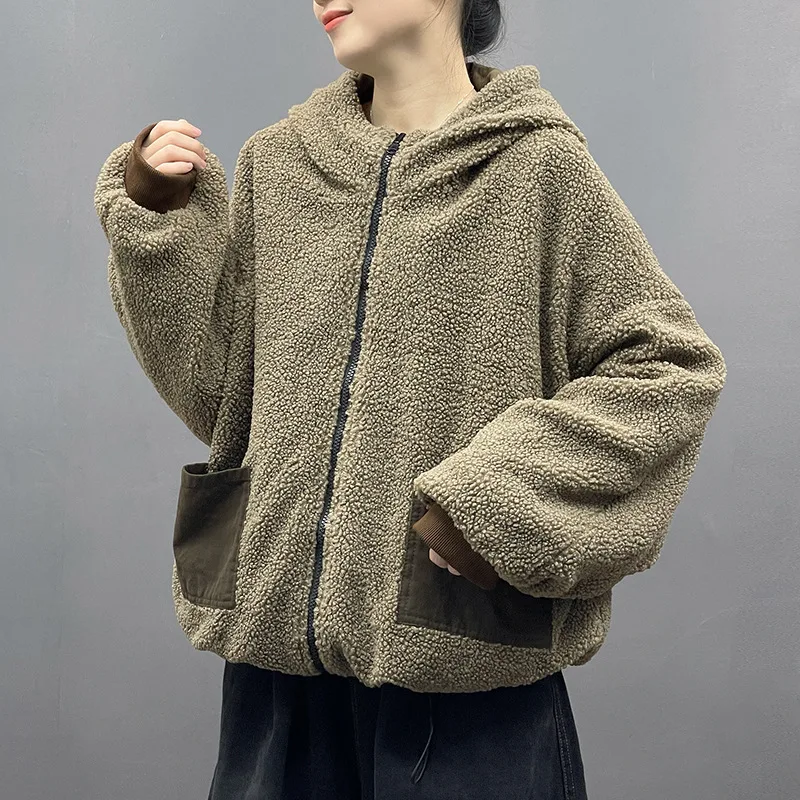 Masss Wasss 2025 Winter Women Fashion Reversible Design Fur Jackets Loose Warm Hooded Padded Coats Classic Casual Vintage Parkas