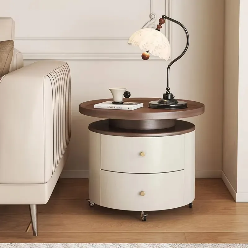 Solid Wood Mobile Sofa Side Table Medieval Style Small Coffee Table High End Bedside Trolley for Living Room Apartment