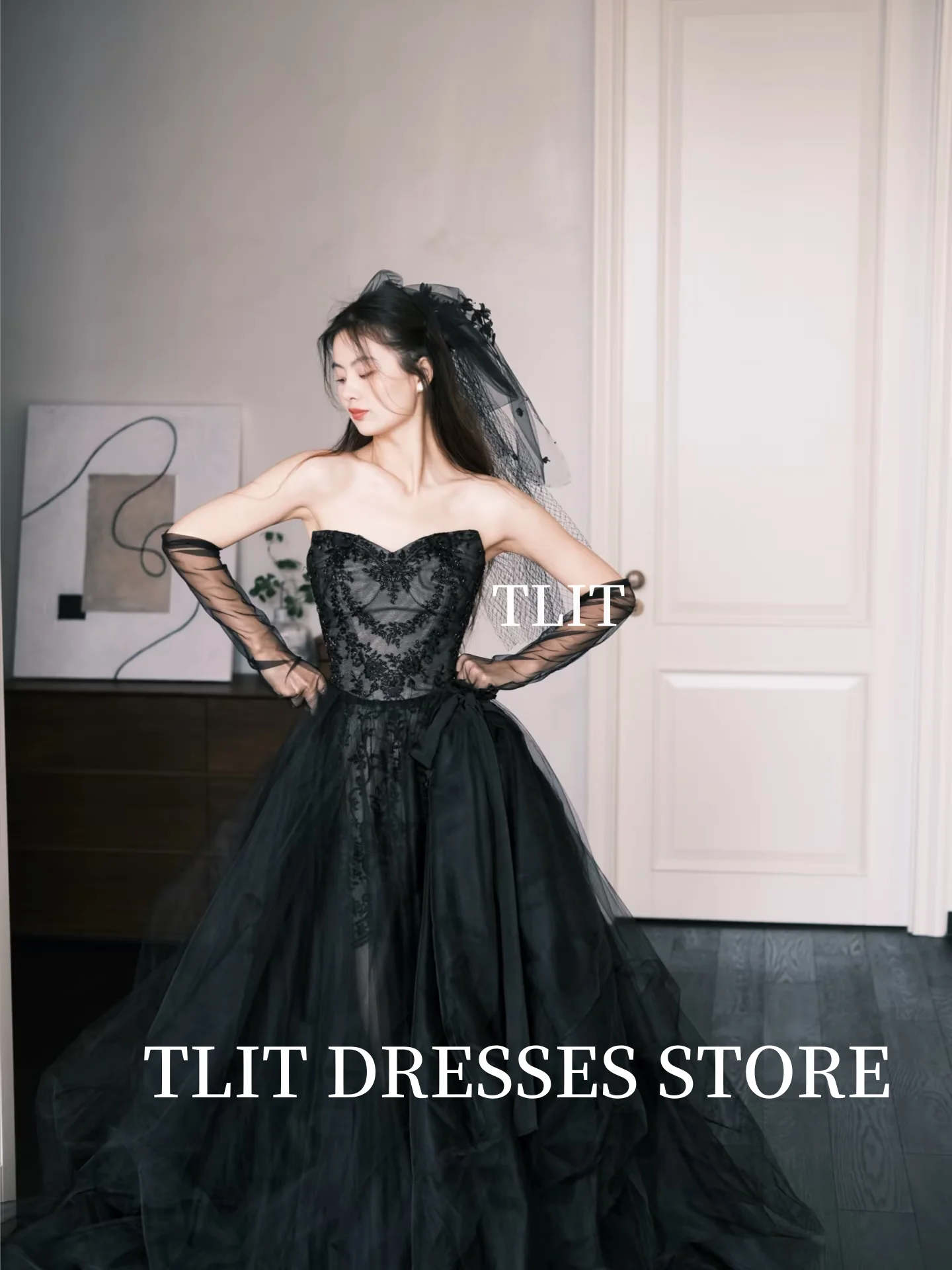 Tlit simples preto tule vestidos de noite personalizado coreia vestido de casamento sessão de fotos querida preto tule luvas alta divisão vestido