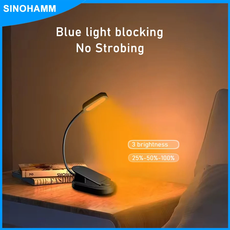 

Amber Book Light for Nighttime Reading Clip-on USB Type-C Rechargeable Led Kindle Light Table Lamp Blue Light Blocking for Kids