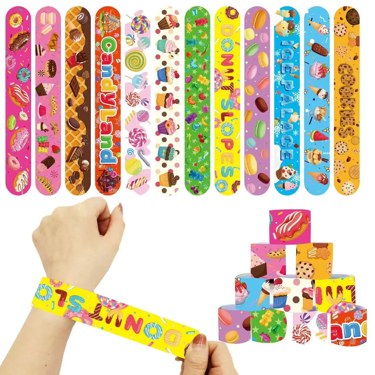 

10pcs Dessert Slap Bracelets Snap Bracelets Wristbands Chocolate Doughnut Ice Cream for Party Favors Prizes Birthday Party Gifts