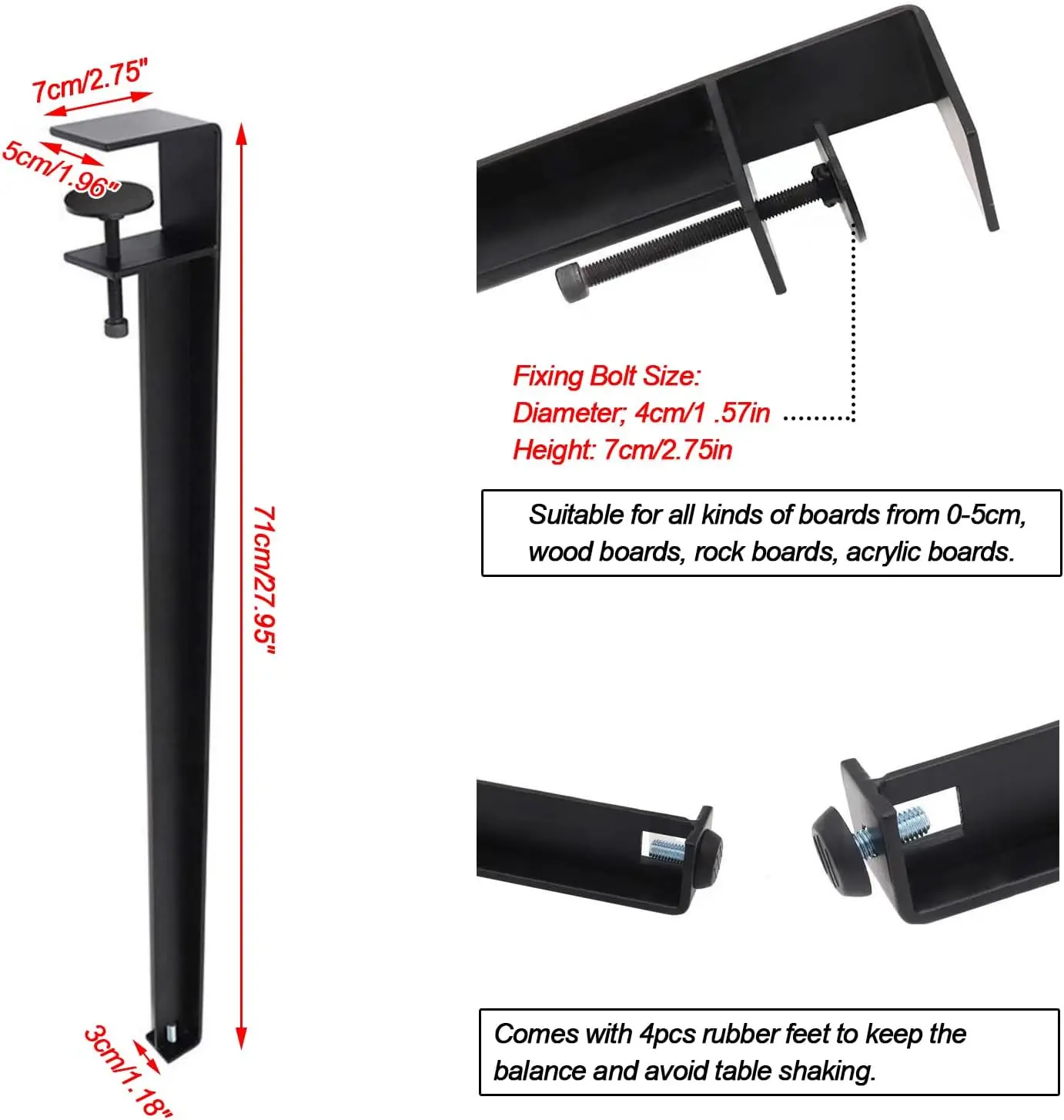 Juego de 4 patas de mesa en forma de F de metal, protectores de suelo de goma de altura ajustable, muebles de bricolaje, mesita de noche de café, comedor (negro 28 pulgadas)