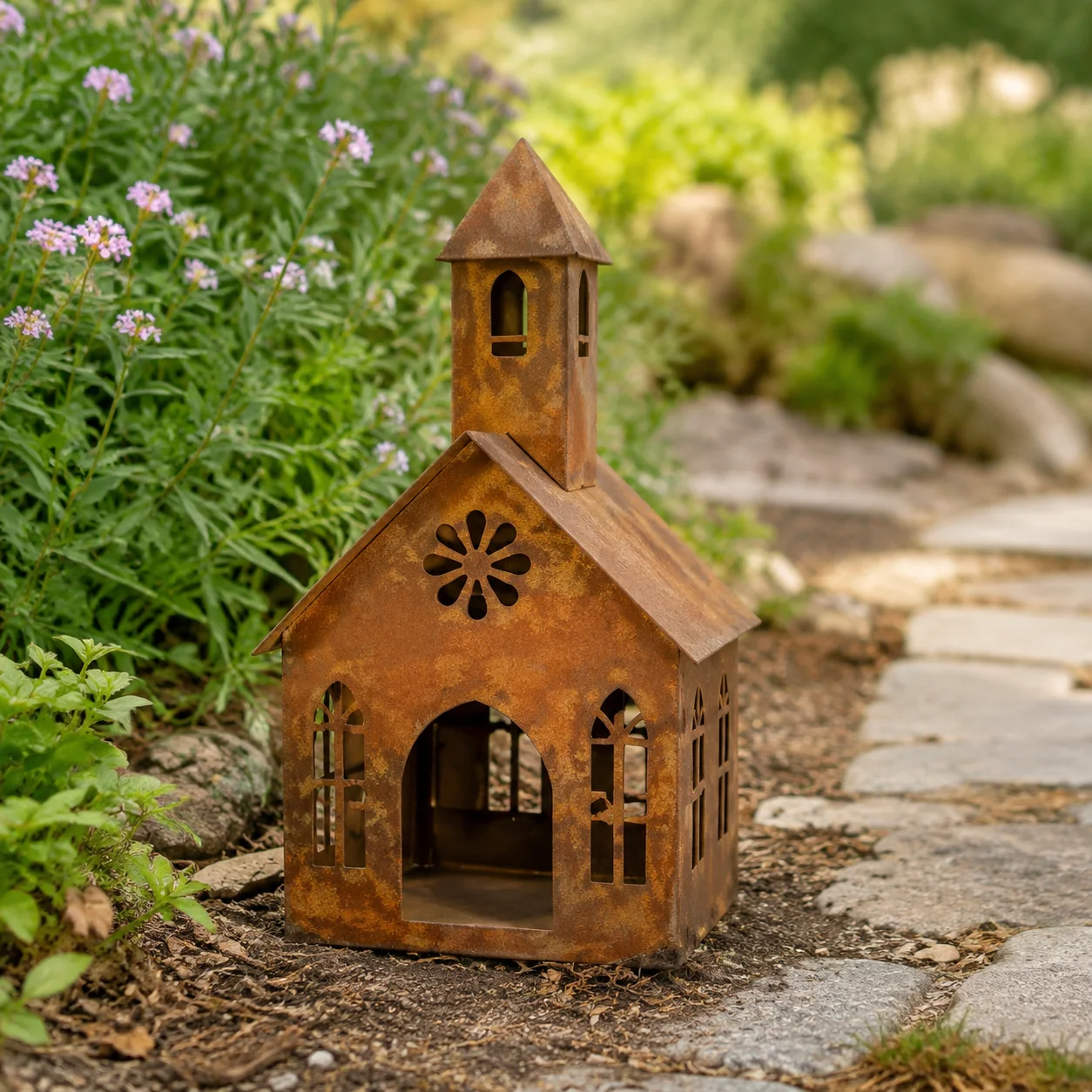 Rustic Metal Church Lantern, Vintage Candle Holder Garden Decor for Patio Table Porch Outdoor Decoration