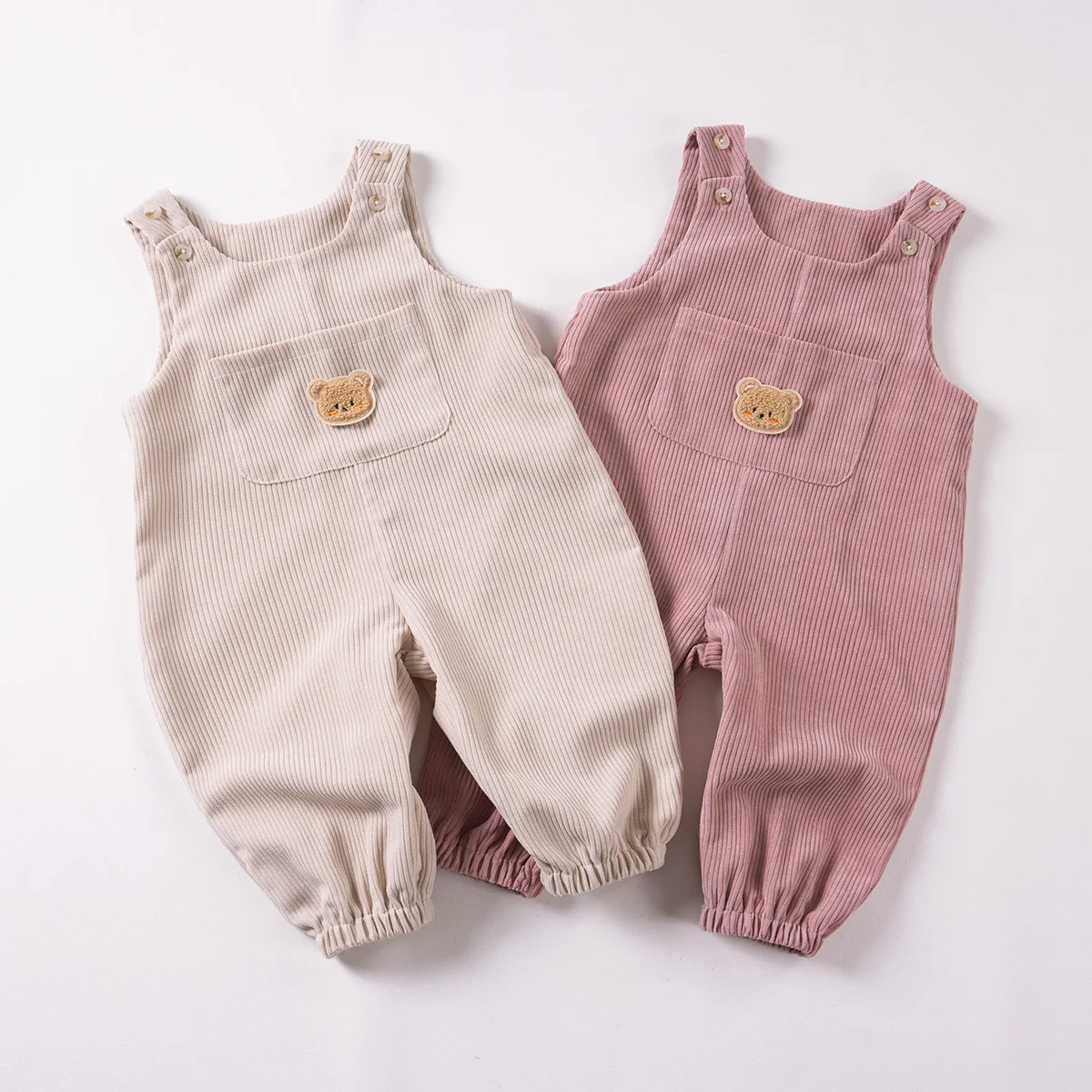 Girls Toddler Summer Solid Colour Strappy Trousers Bear Pattern Pocket Button Design Sweet Cute Fashion Birthday Gift