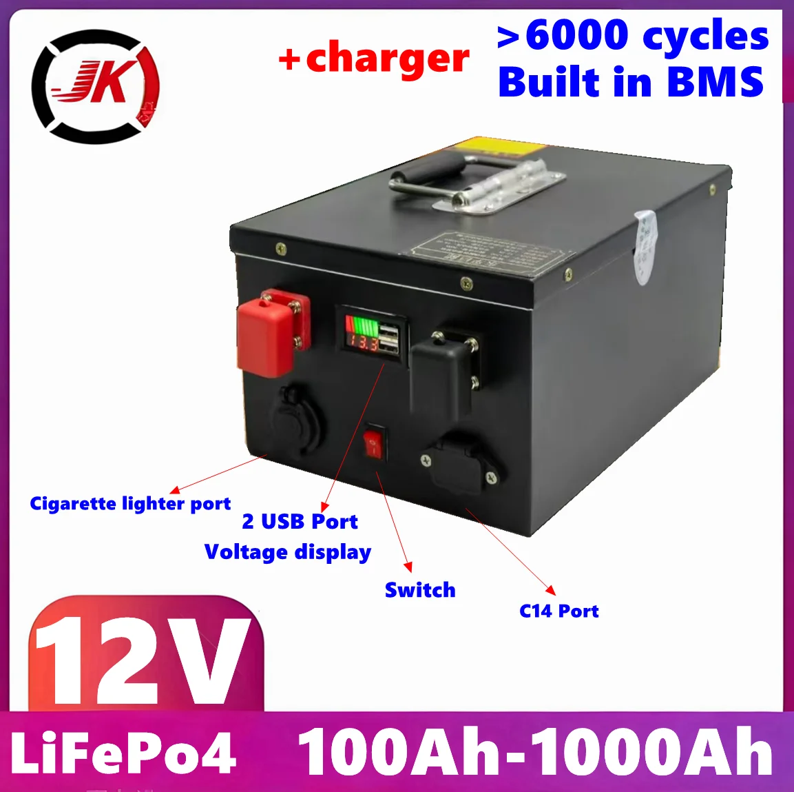 

JK Solar System Lifepo4 Battery 12V 100Ah 200Ah 300Ah 400Ah 500Ah 600Ah 800Ah 1000Ah for portable Backup Power ,Boat,Outdoor RV