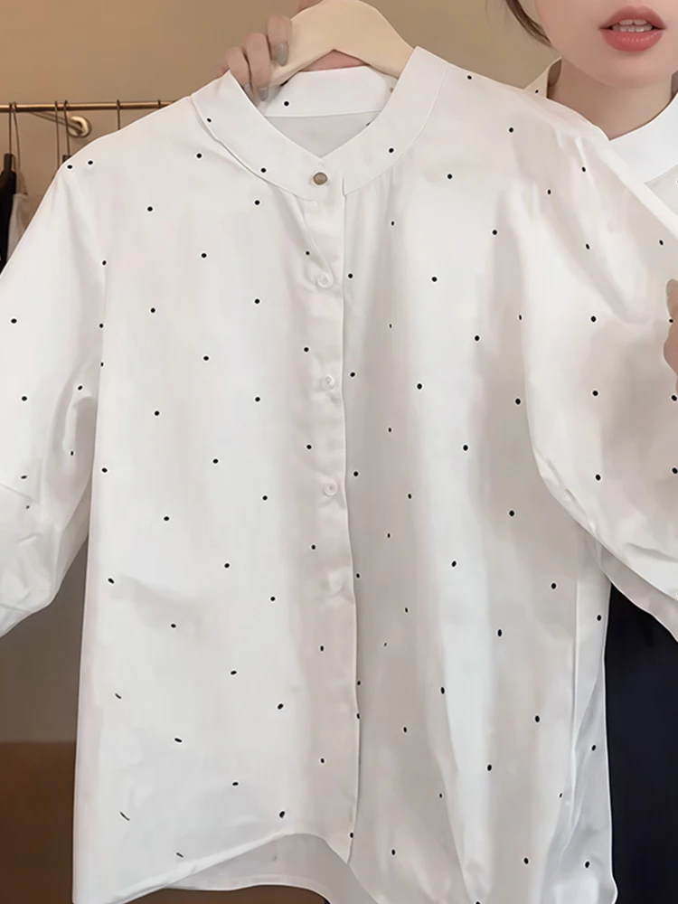 White Polka Dot Short Sleeve Loose Fit Summer Shirt for Women Thin Design Sensation Trendy Top Comfortable Breathable Moistur...